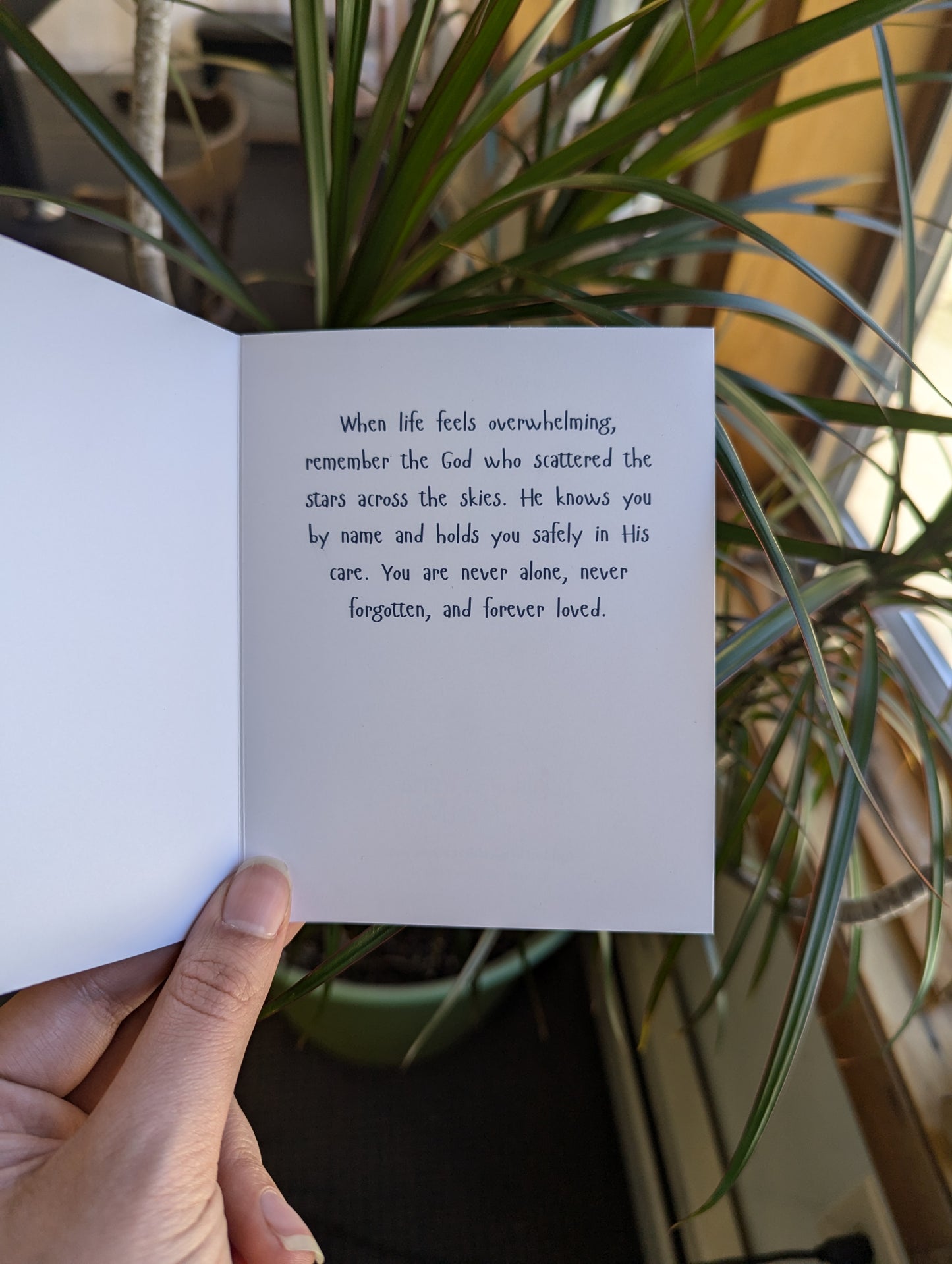 Christian Encouragement Card – Held by the Creator