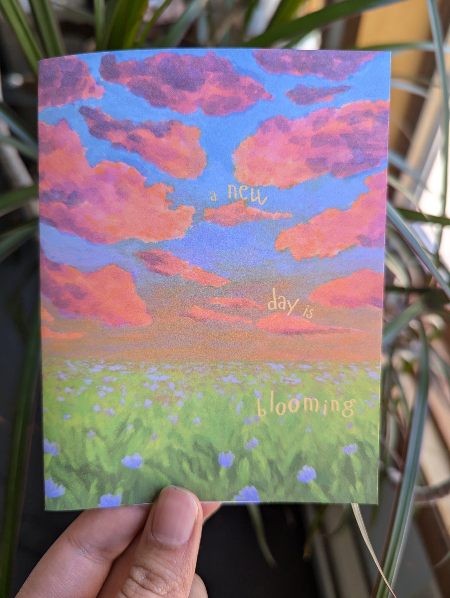🌸Meadow Greeting Card – Encouragement Card with Blossoming Field and Pink Sky