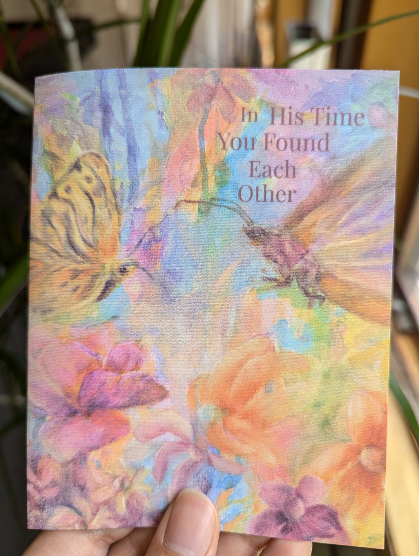 In His Time, You Found Each Other – Christian Wedding Card with Butterflies and Floral Design