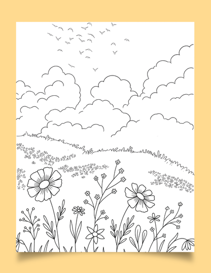 Wildflower and Cloud Printable Coloring Page - Set of 3 for All Ages