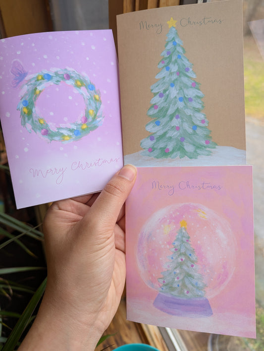 Christmas Card Set Bundle: Winter Wonderland Snow Globe, Butterfly and Wreath, Christmas Tree
