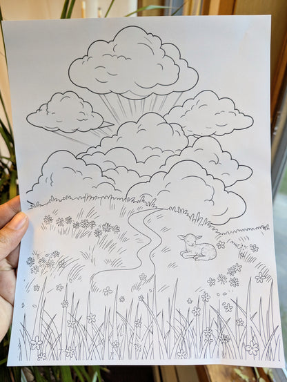 Wildflower and Cloud Printable Coloring Page - Set of 3 for All Ages
