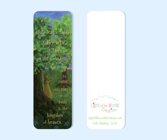 Jesus with Child Meadow Bookmark – Matthew 19:14 Bible Verse | Christian Gift for Kids
