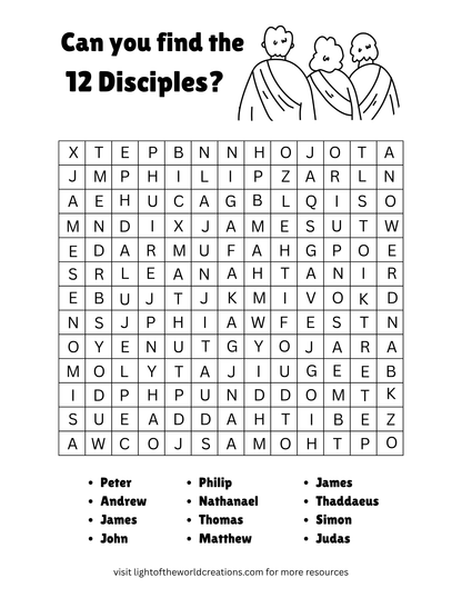 12 Disciples Word Search Free Printable | Bible Activity for Kids & Adults
