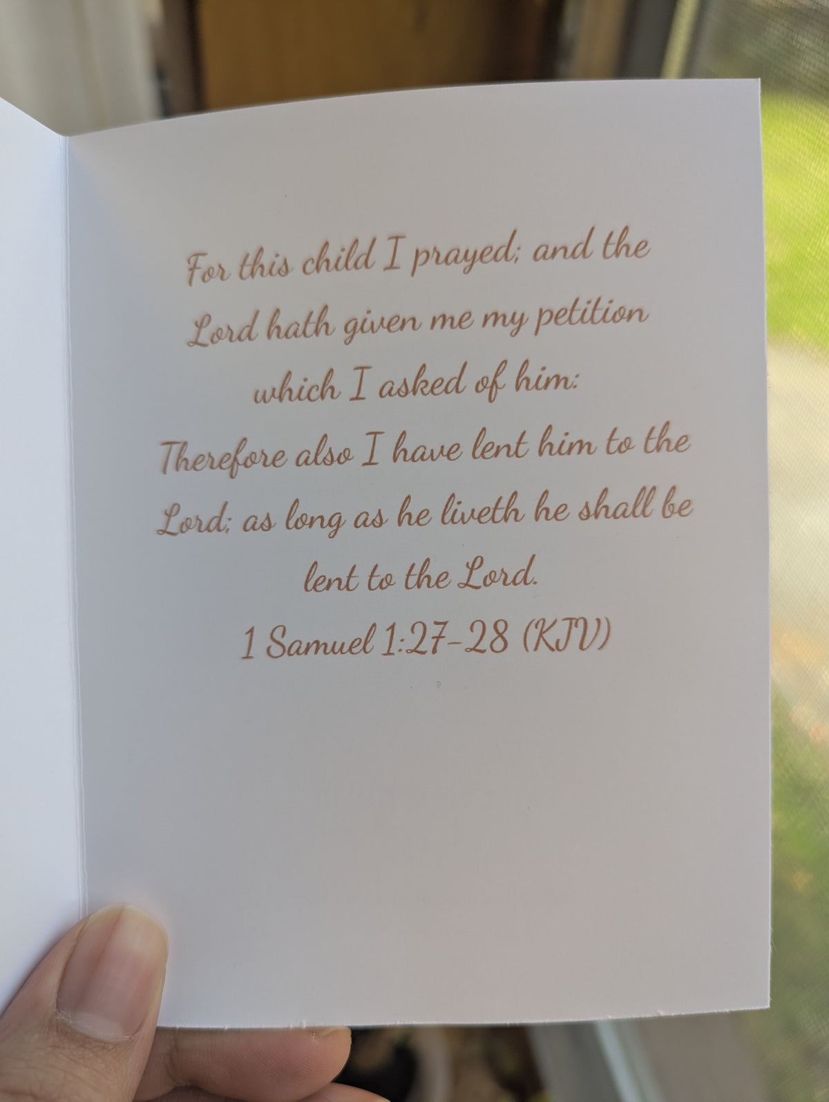 Christian Baby Dedication Card — "For This Child We Prayed," Original Painting of Jesus with a Child, 1 Samuel 1:27-28